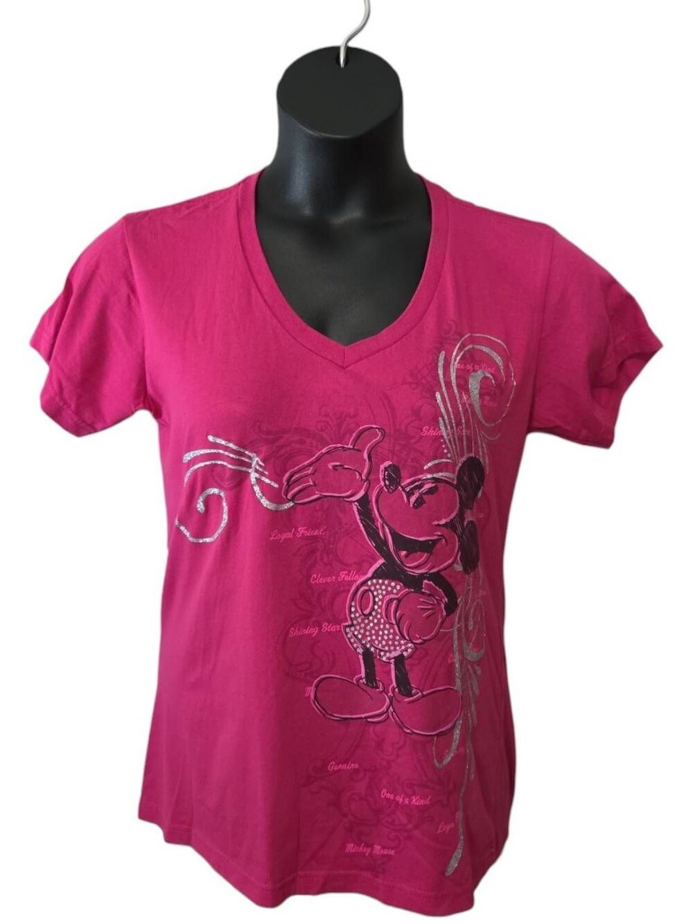 Disney Hot Pink Glitter Mickey Mouse Graphic V-Neck Tee